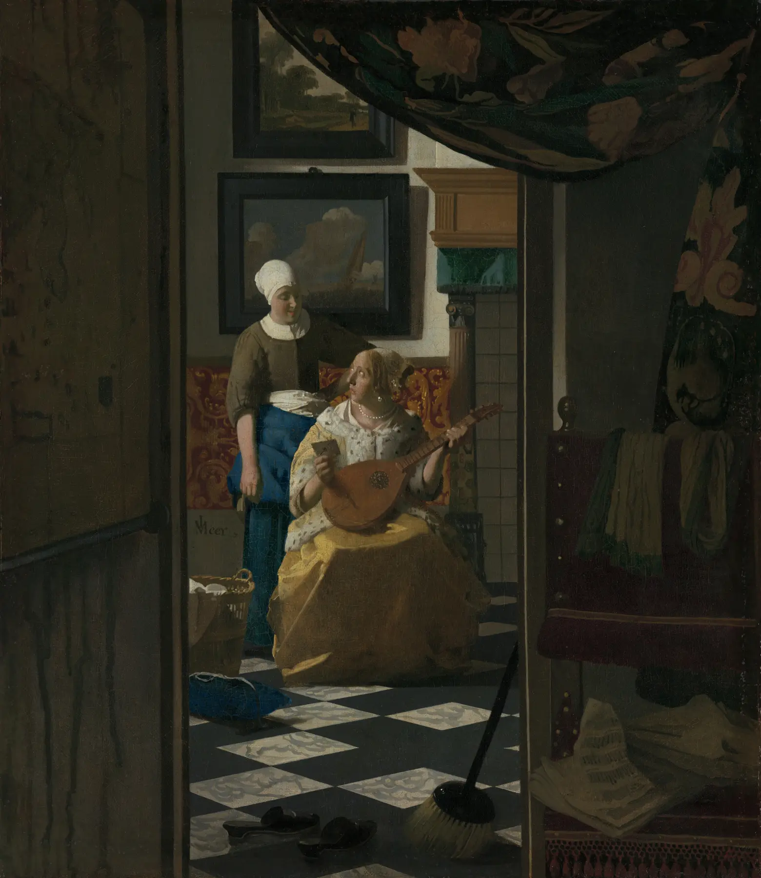 Vermeer's The Love Letter: a seated woman holds a letter, a maid beside her, seen through a doorway over a tiled floor