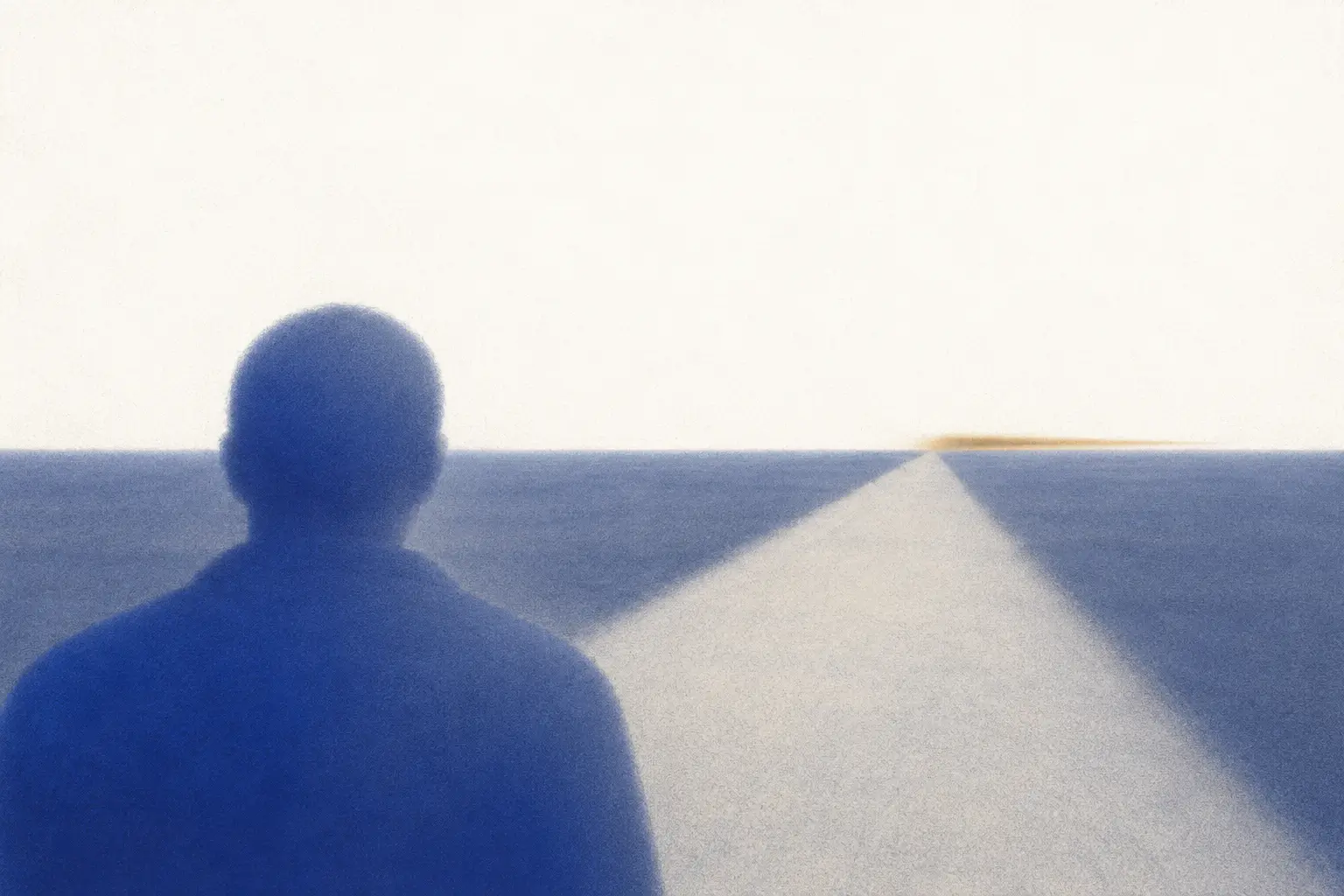 Illustration: a listener's silhouette beside an empty road as a featureless horizontal blur passes in the distance