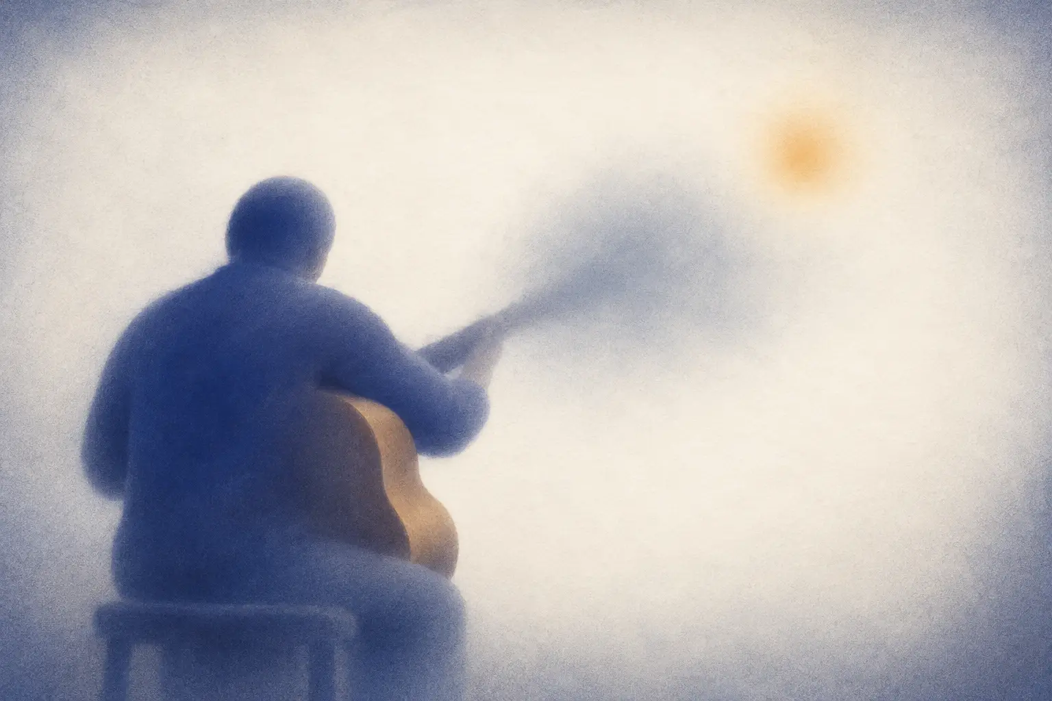 Illustration: a seated silhouette holding a string instrument, its neck far out of focus