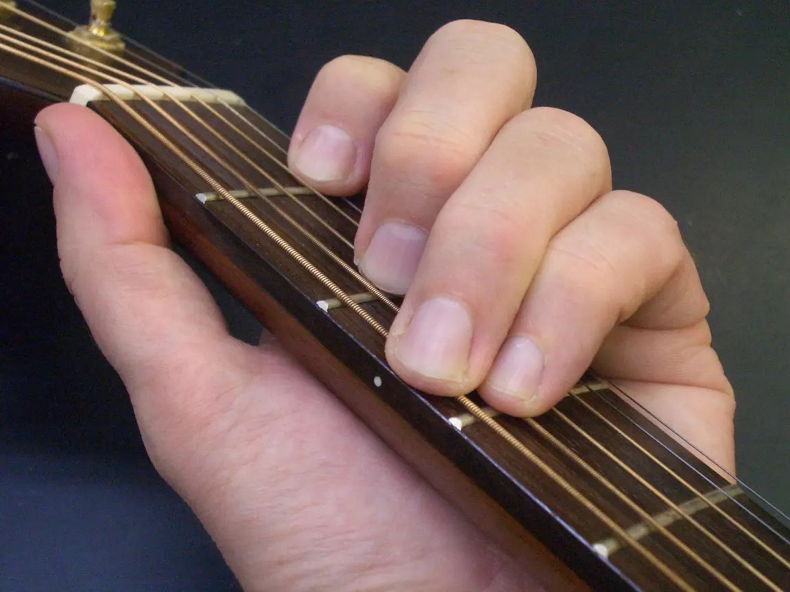 A hand holding a chord on a guitar neck, with frets running across the fingerboard
