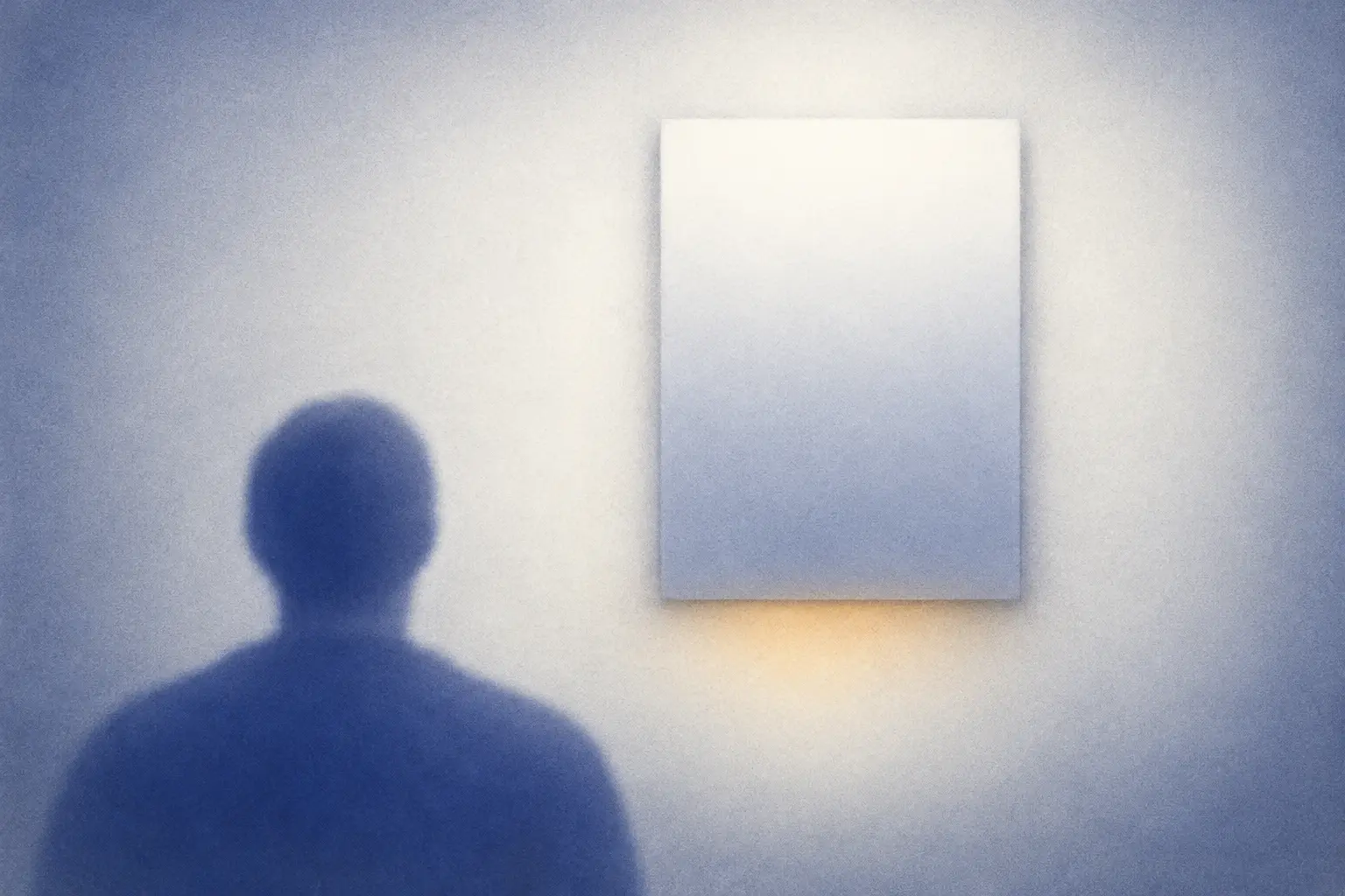 Illustration: a viewer seen from behind stands before a blank, softly shaded panel on a wall