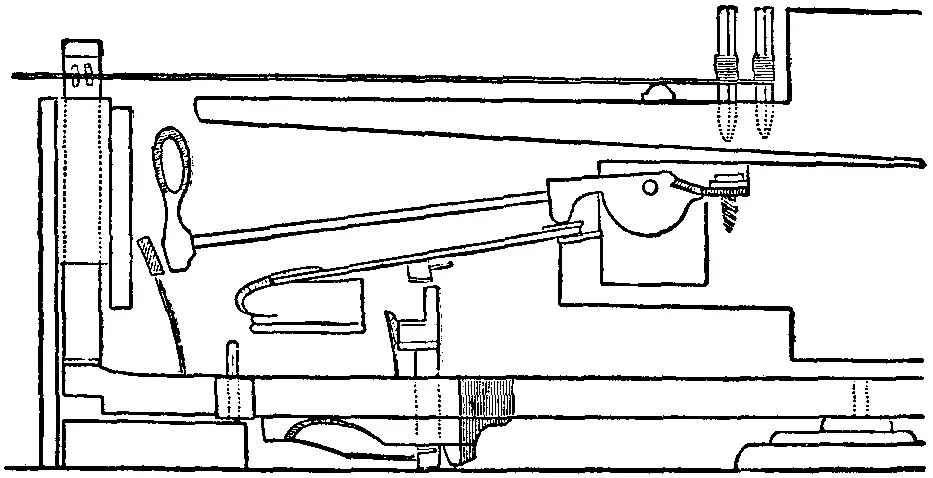 Encyclopedia plate of Cristofori's escapement action of 1720, a side-view diagram of the mechanism