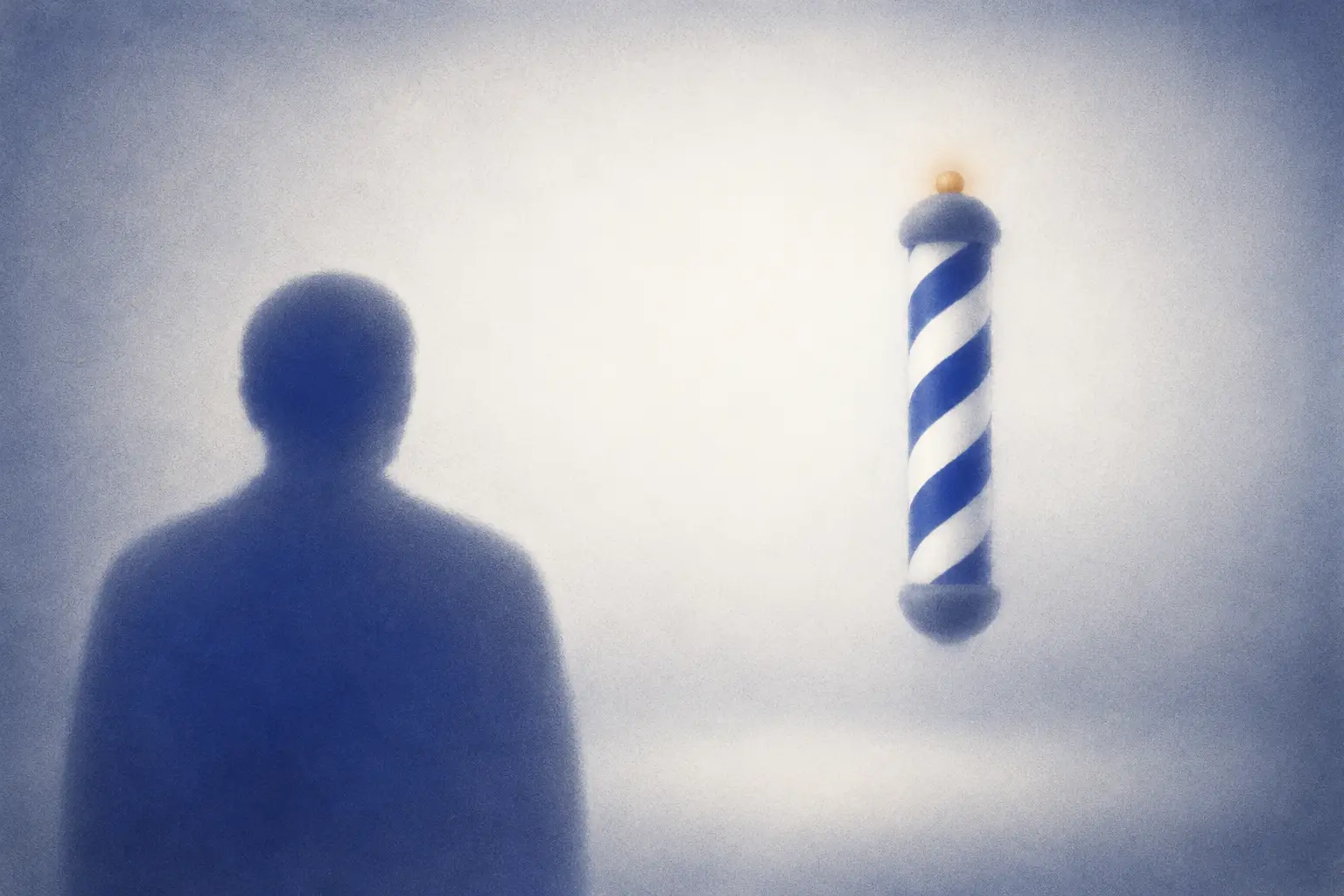 Illustration: a listener seen from behind, a few steps from a blue-and-white striped barber pole