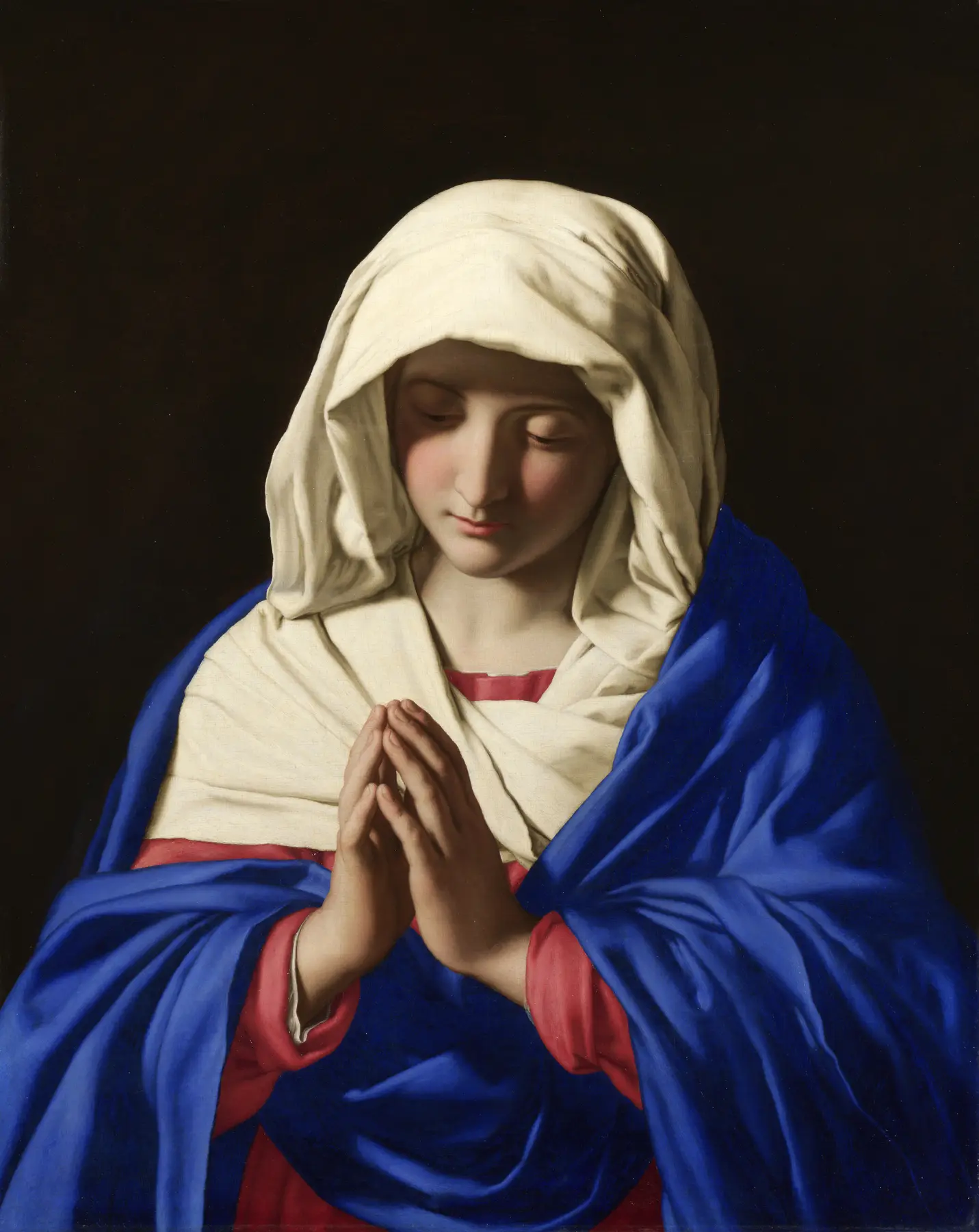 Oil painting of the Virgin Mary in prayer by Sassoferrato, 1640 to 1650